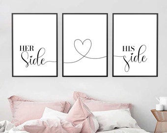 DIGITAL Her Side His Side Prints: Bedroom Wall Art Set, Couples Room Decor Printable