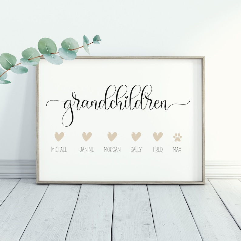 Simple, elegant personalised print with a simple Grandchildren heading cursive with swooshed font, with a line of hearts and paw prints in your choice of colour representing each grandchild, personalised with their name.