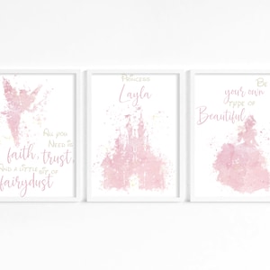 Personalised Princess Watercolour Prints, Pink Princess Wall Art, Girls Bedroom Posters, Nursery decor,Set of 3 Princess art Prints, 8x10 A4