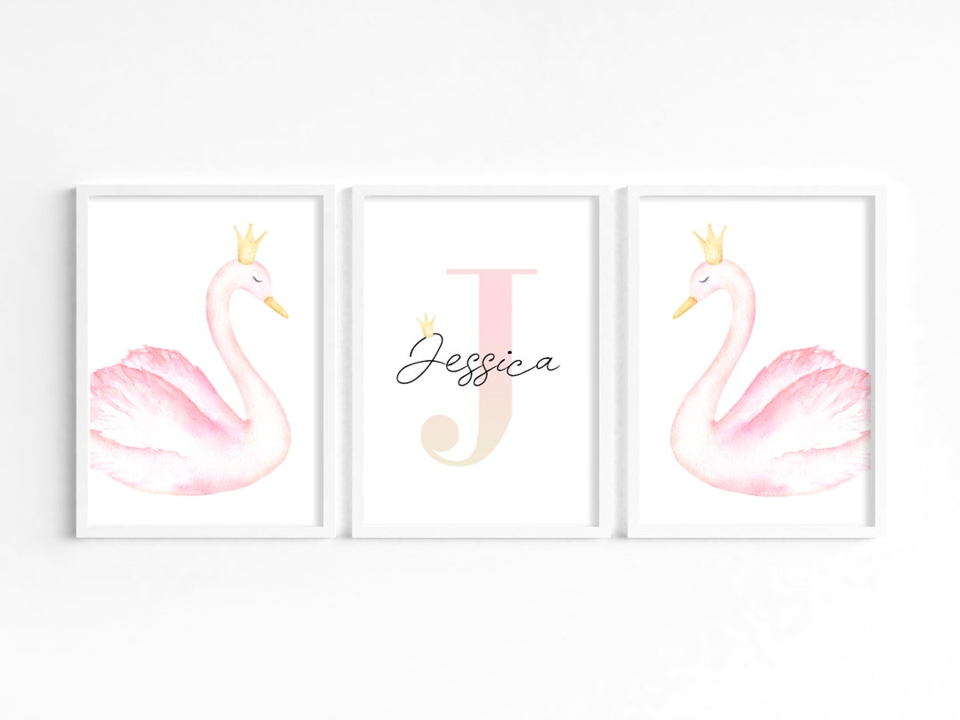 Personalised Swan Nursery Prints Set: Pink Floral Girls Room Decor - Etsy