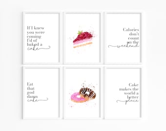 Cupcake & Cake Quote Prints: Quirky Kitchen Wall Decor, Watercolour Bakery Art, Cafe Decor