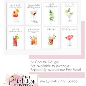 May include: A set of 8 watercolor illustrations of different cocktails, each with a name and description. The cocktails include: Aperol Spritz, Espresso Martini, Mojito, Gin & Tonic, Wine Wine, Old Fashioned, Cuba Libre, and Strawberry Daiquiri. All Cocktail Designs Are available to purchase Separately over on our Etsy Store! Any Quantity, Any Combol Prettily PRINTED