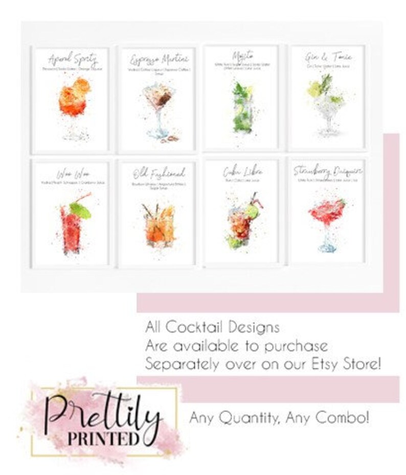 May include: A set of 8 watercolor illustrations of different cocktails, each with a name and description. The cocktails include: Aperol Spritz, Espresso Martini, Mojito, Gin & Tonic, Wine Wine, Old Fashioned, Cuba Libre, and Strawberry Daiquiri. All Cocktail Designs Are available to purchase Separately over on our Etsy Store! Any Quantity, Any Combol Prettily PRINTED