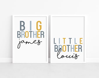 Personalised Brothers Prints: Rainbow Room Decor, Blue Playroom Sibling Art, Kids Shelf Decoration