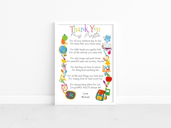 Personalised Teacher Thank You Poem Print, Nursery Worker Gift