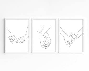 Couples Hand Line Art Print Set: Minimalist Bedroom Decor