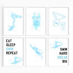Personalised Swimmer Prints, Blue Swimming Wall Art, Kids Bedroom Swimming Decor, Swimmer prints for kids, Swimming Name Print, Swim Decor