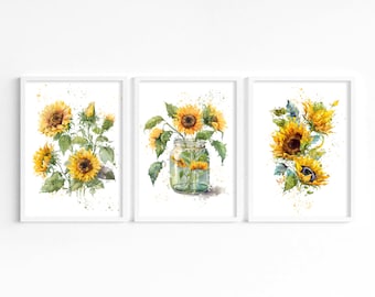 Set of 3 Sunflower Wall Art Prints, Summer Decor, Sunflower Prints, Sunflower Home Decor, Living Room Wall Prints, Hallway Wall Art Posters