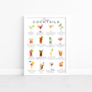 May include: A printable poster with watercolor illustrations of 12 classic cocktails. The poster has the title "Classic Cocktails" at the top and lists the name of each cocktail below its illustration.