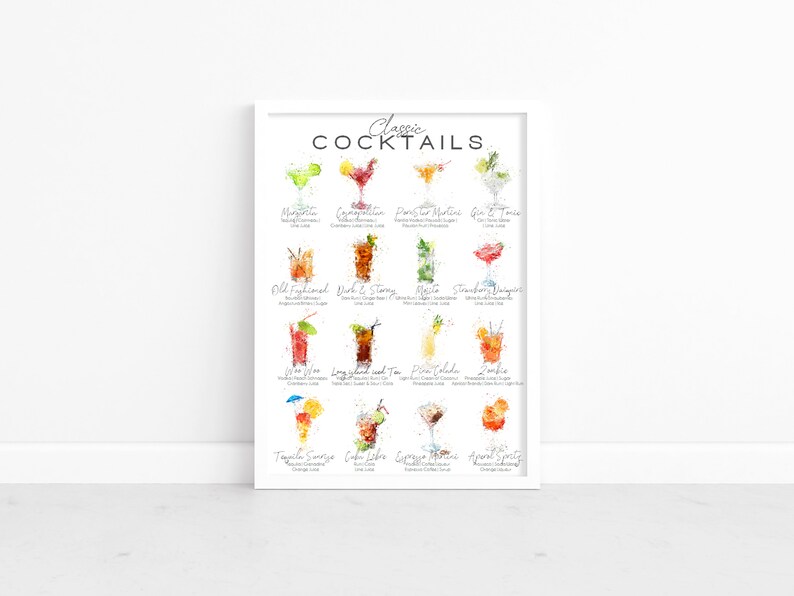 May include: A printable poster with watercolor illustrations of 12 classic cocktails. The poster has the title "Classic Cocktails" at the top and lists the name of each cocktail below its illustration.
