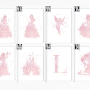 May include: Set of eight pink watercolor prints featuring various Disney princess characters, including Cinderella, Belle, and Tinkerbell. The prints are numbered 9 through 16.