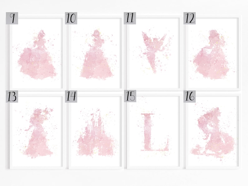 May include: Set of eight pink watercolor prints featuring various Disney princess characters, including Cinderella, Belle, and Tinkerbell. The prints are numbered 9 through 16.