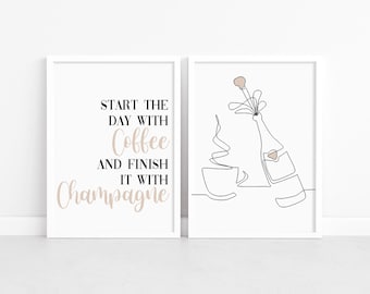 Coffee and Champagne Line Art Print: Minimal Kitchen Wall Decor, Modern Bar Poster Artwork