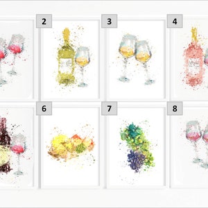 May include: Set of eight watercolor illustrations featuring wine-themed designs. The illustrations include wine bottles, glasses, grapes, and fruit. The designs are in a watercolor style with a white background.