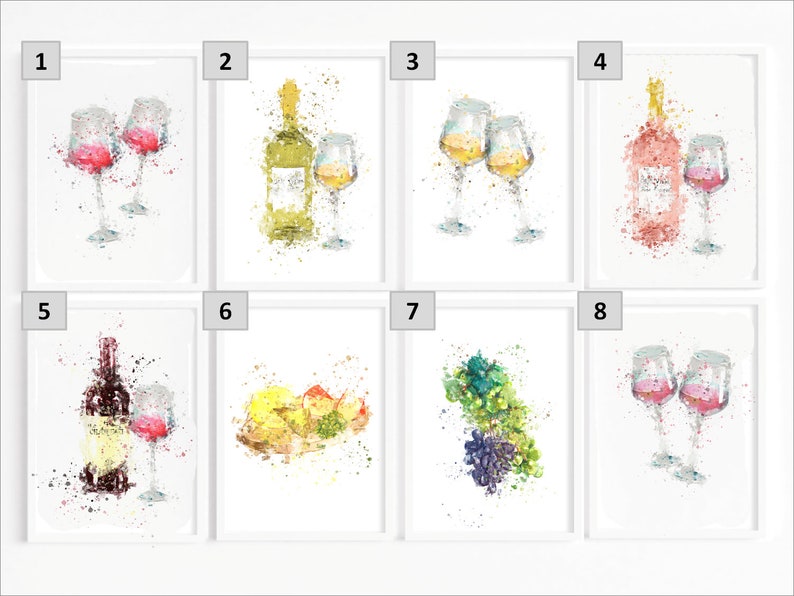 May include: Set of eight watercolor illustrations featuring wine-themed designs. The illustrations include wine bottles, glasses, grapes, and fruit. The designs are in a watercolor style with a white background.
