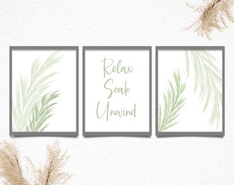 Sage Green Bathroom Prints Set: Relax Soak Unwind, Botanical Leaf Art
