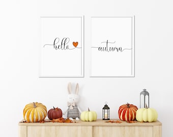 Hola Otoño - Lámina decorativa: Decoración otoñal sencilla, arte mural con tipografía otoñal, decoración para el pasillo.