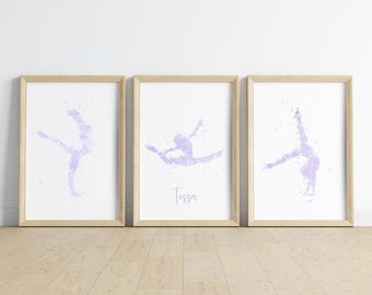 3er-Set Turnen personalisierter Name Print, Aquarell Gymnast Prints, Gymnastik-Schlafzimmer-Druck, Mädchen-Schlafzimmer-Wandkunst, Gymnastik-Mädchen-Kunst