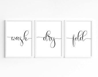 Laundry Room Prints: Wash Dry Fold, Set of 3 Utility Decor, Minimalist Typography Art