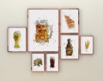 Impresiones de acuarela de cerveza y alcohol, conjunto de impresiones de cocina, impresiones de alcohol, imágenes de cerveza, póster de bebidas alcohólicas, impresiones de bares, impresiones de cervecerías