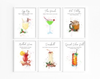 Impresión de cóctel con alcohol en acuarela para Navidad, cócteles navideños, impresión navideña para la cocina, arte mural navideño, arte festivo para bares, bebidas festivas