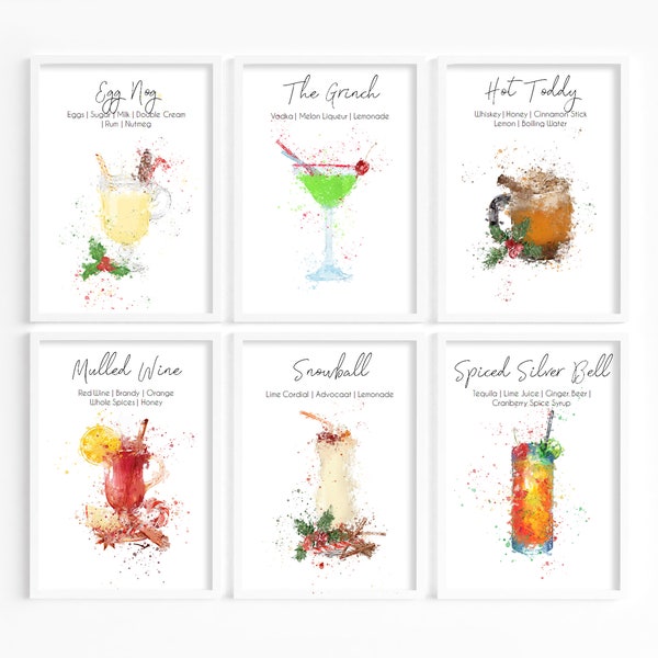 Christmas Watercolour Alcohol Cocktail Print, christmas cocktails, christmas kitchen print, xmas wall art, festive bar art, festive drinks