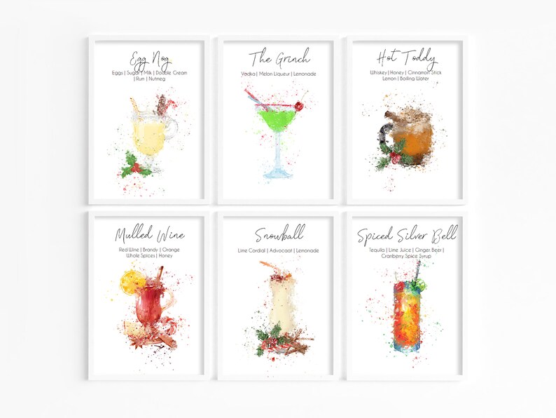 A selection of 6 Christmas cocktail prints, available to purchase in any quantity. Each design has the name of the cocktail, the ingredients below and a large watercolour image of the cocktail.  each design will be named on the next  page.