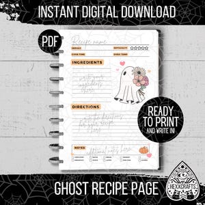 Cute Ghost Printable Recipe Page | Cookbook Pages | 8.5 x 11 Spooky Halloween Recipe Page | Gothic Recipe Cards PDF | Kitchen Witch Grimoire