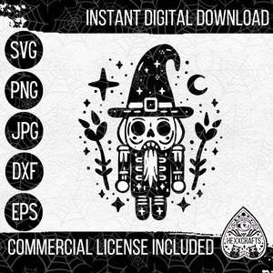 May include: Black and white digital illustration of a spooky, skeletal nutcracker wearing a witch's hat with a star and crescent moon. The nutcracker is surrounded by floral elements and stars. The text "INSTANT DIGITAL DOWNLOAD" and "COMMERCIAL LICENSE INCLUDED" are at the top and bottom of the image.