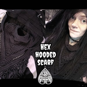 Black Gothic Hex Hooded Scarf Modified Wild Oleander Hooded Scarf Goth Winter Crochet Hooded Scarf EDM Festival Hood Witchy Hood image 1