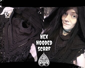 Black Gothic Hex Hooded Scarf | Modified Wild Oleander Hooded Scarf | Goth Winter Crochet Hooded Scarf | EDM Festival Hood | Witchy Hood