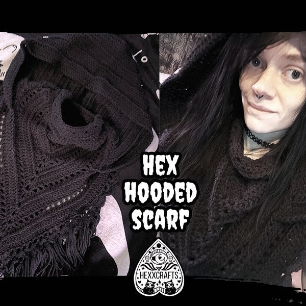 Black Gothic Hex Hooded Scarf | Modified Wild Oleander Hooded Scarf | Goth Winter Crochet Hooded Scarf | EDM Festival Hood | Witchy Hood