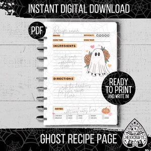 Cute Ghost Printable Recipe Page | Cookbook Pages | 8.5 x 11 Spooky Halloween Recipe Page | Gothic Recipe Cards PDF | Kitchen Witch Grimoire