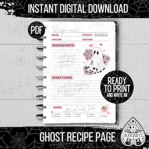 Cute Ghost Printable Recipe Page | Cookbook Pages | 8.5 x 11 Spooky Halloween Recipe Page | Gothic Recipe Cards PDF | Kitchen Witch Grimoire