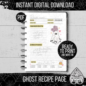 Cute Ghost Printable Recipe Page | Cookbook Pages | 8.5 x 11 Spooky Halloween Recipe Page | Gothic Recipe Cards PDF | Kitchen Witch Grimoire