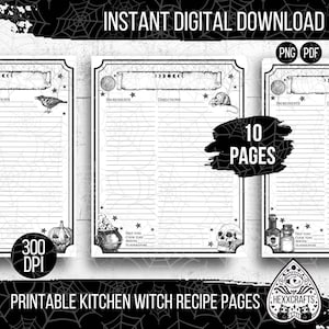 Kitchen Witch Printable Recipe Page Bundle | Grimoire Pages | 8.5 x 11 Halloween Recipe Page Prints | Gothic Recipe Pages PNG | Recipe Cards