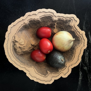 May include: A brown cardboard bowl with a unique layered design, holding a red onion, three red tomatoes, and a dark green avocado.