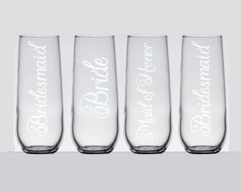 Bridal Party Etched Stemless Champagne Flutes, Bridesmaid Proposal Gift, Etched Wedding Glasses, Bridal Party Gifts