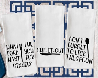 Funny Kitchen Tea Towels, What the Fork You Want For Dinner, Don't Forget To Lick The Spoon, Cut-It-Out