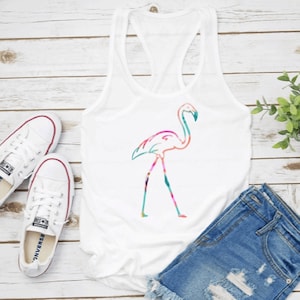 Multi Colored Flamingo Tank Top, Flamingo Shirt, Tropical Flamingo Racer Back Tank Top