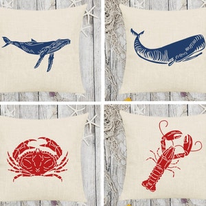 Nautical Throw Pillows, Beach Throw Pillows With or Without Insert, Whale, Crab or Lobster Throw Pillow