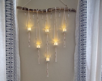 quartz crystal candle holder driftwood wall hanging / boho home decor / bohemian wall decor / hanging multiple planter / mother&#39;s day gift