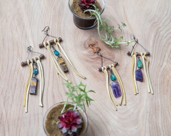 Gemstone Leather Earrings/ Unique Handcrafted Earrings/ Tribal Earrings/ Earth Jewelry / Coachella Style / Festival Fashion / Boho Jewelry
