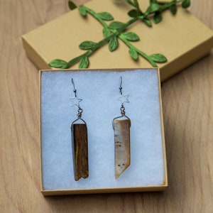 May include: A pair of earrings with a star charm and a brown and white stone pendant. The earrings are displayed in a white box with a brown lid.