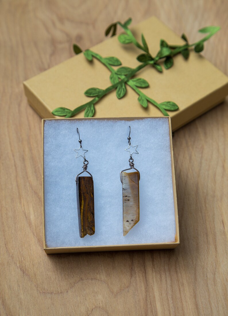 May include: A pair of earrings with a star charm and a brown and white stone pendant. The earrings are displayed in a white box with a brown lid.