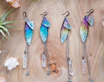 Fairy Wing Dangling Earrings with Quartz Crystal and Chain / Whimsical Earrings / Free Spirit Earrings / Fae Earrings / Bohemian Style