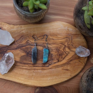 May include: A pair of dangle earrings with a dark grey stone on one side and a blue-green stone on the other side. The earrings are displayed on a wooden surface with clear quartz crystals.