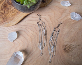 Quartz Point Earrings/ Chain Earrings/ Drop Down Earrings/ Handcrafted Earrings/ Dangling Earrings/ Boho Festival Earrings / Star Earrings