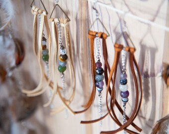 Leather Gemstone Triangle Chain Dangling Earrings / Bohemian Festival Earrings