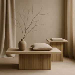 May include: A neutral-toned living space with wooden furniture. A low coffee table with a slatted base holds a vase with branches and a beige cushion. A matching side table is in the background, creating a cohesive aesthetic.